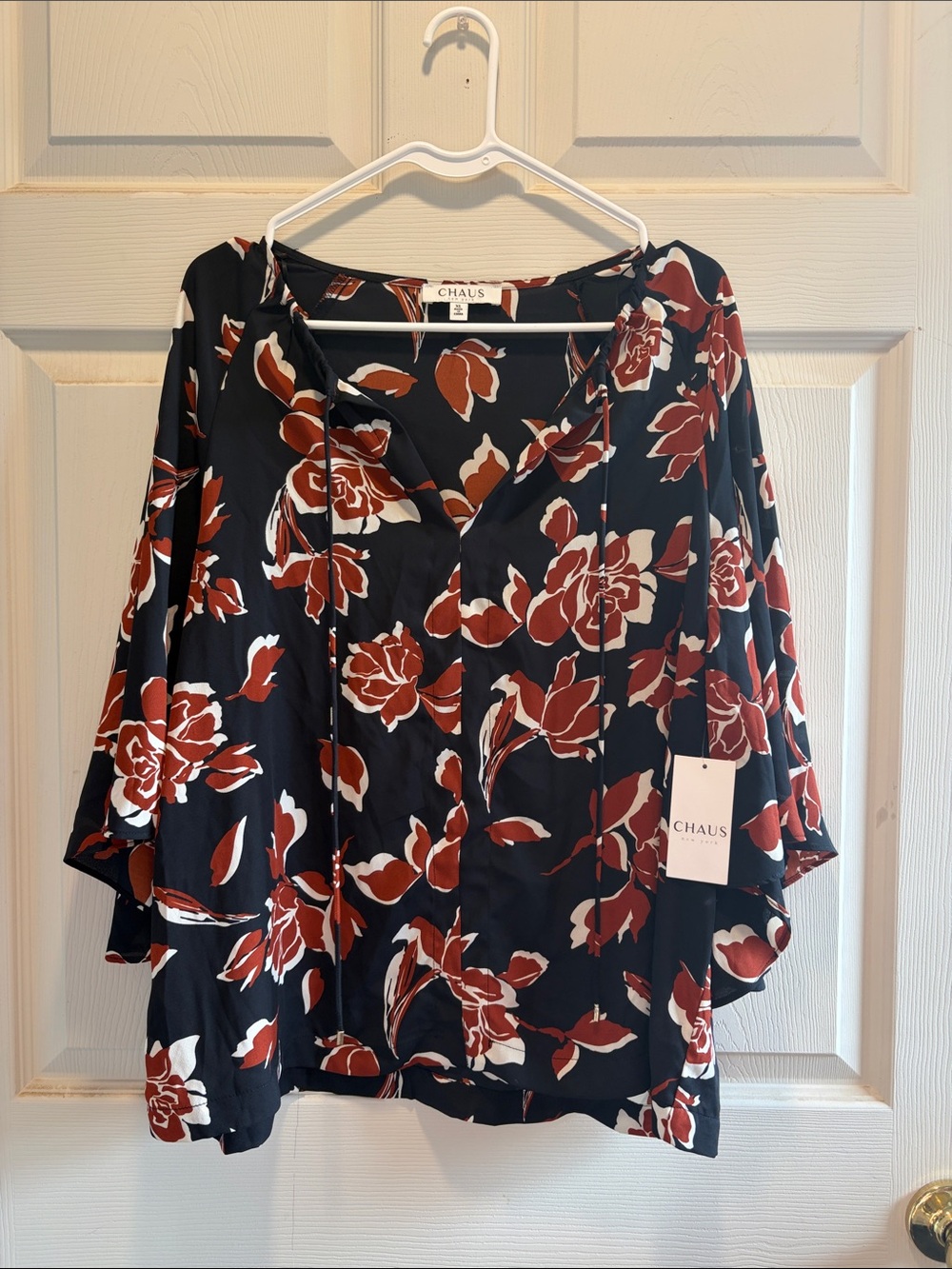 Chaus Black Blouse with Rust and White Floral Print